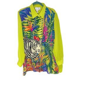 Diane Gilman 100% Silk Neon Jungle Tiger Blouse size 1X